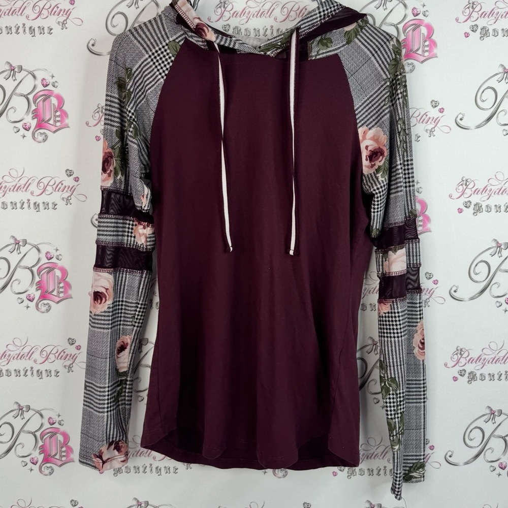 Ultra Flirt hoodie long sleeves roses flowers Burgundy Floral Plaid Hoodie